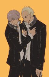  2boys black_jacket blonde_hair gakuran godzillapigeon1 grey_hair highres jacket looking_at_another male_focus multiple_boys narukami_yu open_clothes open_jacket persona persona_4 scar scar_on_face school_uniform tatsumi_kanji yasogami_school_uniform 