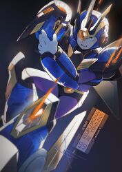  1boy arm_cannon armor black_background blue_armor blue_helmet forehead_jewel green_eyes helmet male_focus mega_man_(series) mega_man_x_(series) simple_background solo to_i_to_io ultimate_armor_x_(mega_man) weapon x_(mega_man) 