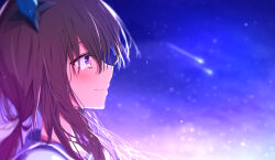  1girl admire_vega_(umamusume) animal_ears blush brown_hair closed_mouth ear_covers from_side hair_between_eyes highres horse_ears horse_girl long_hair night purple_sailor_collar purple_shirt sailor_collar school_uniform shirt shooting_star single_ear_cover sky smile tooto_(ryuto333) tracen_school_uniform umamusume umamusume:_road_to_the_top upper_body violet_eyes 