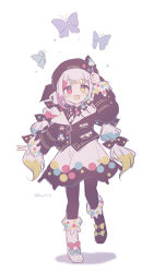  1girl absurdres artist_name asymmetrical_footwear beret black_hat black_jacket black_pantyhose black_shoes blue_bow blue_butterfly bow bug butterfly collared_shirt colored_tips footwear_bow full-body_tattoo green_bow hair_bow hat heterochromia highres holding holding_paintbrush jacket jacket_partially_removed jogasaki_noah long_hair long_sleeves mahou_shoujo_no_majo_saiban mismatched_footwear multi-tied_hair multicolored_hair neck_ribbon off_shoulder open_mouth paintbrush pantyhose polka_dot polka_dot_bow polka_dot_skirt purple_butterfly red_bow red_eyes ribbon runa_(runa7733) shirt shoes signature simple_background skirt sleeve_bow smile solo spray_can streaked_hair tattoo twitter_username white_background white_hair white_shirt white_shoes wide_sleeves yellow_bow yellow_eyes 