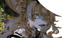  +_+ 1girl abstract_background blonde_hair colorful hair_bun hand_on_own_face hat head_rest highres kevin_adi long_hair looking_at_viewer open_mouth original portrait smile solo star-shaped_pupils star_(symbol) symbol-shaped_pupils teeth witch_hat 