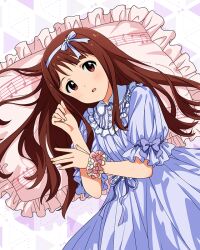  1girl brown_eyes brown_hair card_commentary commentary_request dress fairy_tale_girly_(idolmaster) frilled_dress frilled_sleeves frills game_asset hairband idolmaster idolmaster_million_live! idolmaster_million_live!_theater_days long_hair lying official_alternate_costume official_art on_side pajamas parted_lips pillow purple_dress purple_hairband short_sleeves solo tanaka_kotoha third-party_source 