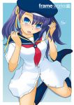  akatsuki_(artist) blue_eyes blue_hair blush bottomless glasses hat ribbon school_uniform serafuku twintails 
