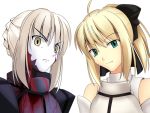  armor blonde_hair dual_persona fate/stay_night fate/unlimited_codes fate_(series) green_eyes migiha ponytail ribbon saber saber_alter saber_lily serious smile yellow_eyes 