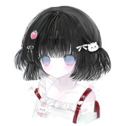 1girl backpack bag bandaid bandaid_on_arm bi_(itsrainyuptown) black_hair blue_eyes blunt_bangs blunt_ends blush bow character_hair_ornament character_request chiikawa closed_mouth collarbone commentary dot_nose duplicate food food-themed_hair_ornament hair_bow hair_ornament heart heart_sticker highres kamaboko narutomaki original portrait randoseru red_bag simple_background solo sticker sticker_on_arm strawberry_hair_ornament two_side_up untranslatable_commentary white_background white_bow
