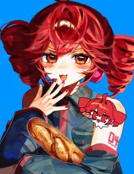  1girl baguette black_shirt black_sleeves blue_background blush bread chibi chibi_inset detached_sleeves drill_hair food halftone hand_up headphones highres kasane_teto number_tattoo ojou-sama_pose open_mouth red_eyes red_nails shirt sleeveless sleeveless_shirt solo synthesizer_v tattoo tikuwa_53 twin_drills 