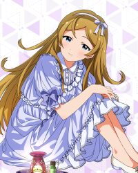  1girl blonde_hair blue_eyes card_commentary closed_mouth commentary_request dress fairy_tale_girly_(idolmaster) frilled_dress frilled_sleeves frills from_side game_asset hairband idolmaster idolmaster_million_live! idolmaster_million_live!_theater_days long_hair no_socks official_alternate_costume official_art pajamas purple_dress purple_hairband shinomiya_karen shoes short_sleeves sitting smile solo third-party_source turning_head 