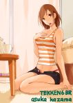  alluring bare_shoulders bikini_bottom brown_eyes brown_hair highres hot_pants kazama_asuka long_hair midriff miniskirt namco navel open_fly panties shorts sitting skirt solo strap_slip striped tank_top tekken tekken_6 underwear unzipped wariza 