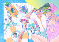  absurdres arad_molders bikini chuck_mustang freyja_wion frilled_skirt frills green_hair hayate_immelmann highres innertube kaname_buccaneer karin_(w_1529) long_hair looking_at_viewer lying macross macross_delta makina_nakajima male_swimwear messer_ihlefeld mikumo_guynemer mirage_farina_jenius on_back one-piece_swimsuit orange_hair plaid_clothes purple_hair red_hair reina_prowler salute sandals shirt short_hair skirt sunglasses swim_ring swim_trunks swimsuit t-shirt walkure_(macross_delta) white_shirt 