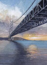  blue_sky bridge clouds commentary_request highres kobe no_humans ocean orange_sky original outdoors painting_(medium) real_world_location scenery sky suspension_bridge traditional_media watanabe_masato watercolor_(medium) 