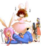  2girls ^_^ barefoot bilbil blazer breast_press breasts bunny_ears bunny_tail carrot happy houraisan_kaguya inaba_tewi jewelry large_breasts massage necktie on_stomach pendant pink_dress pink_hair red_eyes reisen_udongein_inaba tail toeprint touhou trample yagokoro_eirin 