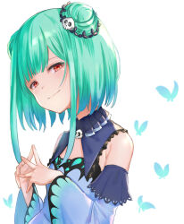  1girl blue_dress blue_sleeves closed_mouth commentary_request double_bun dress green_hair hair_bun hair_ornament highres hololive kiukoma red_eyes sidelocks skull_hair_ornament skull_ornament solo upper_body uruha_rushia uruha_rushia_(1st_costume) virtual_youtuber white_background 