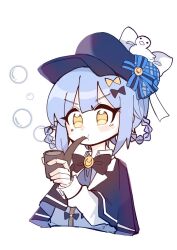  1girl bird_hat_ornament black_bow black_bowtie black_capelet black_hat blue_hair blue_necktie bow bowtie braid braided_hair_rings bubble capelet collared_shirt deerstalker grey_vest hair_bow hair_rings hat hat_bow holding holding_smoking_pipe long_sleeves mahou_shoujo_no_majo_saiban necktie shirt short_hair simple_background smoking_pipe solo tachibana_sherry upper_body vest white_background white_shirt yellow_eyes zassou_maruko 