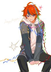  1boy black_hair black_pants blue_eyes blush confetti corrupted_twitter_file dated hair_between_eyes happy_birthday highres hood hood_down hoodie invisible_chair jacket long_sleeves looking_at_viewer male_focus multicolored_hair open_clothes open_jacket pants red_hair simple_background sitting sleeves_past_wrists solo star_(symbol) streaked_hair streamers suishui33 sumino_takumi the_hundred_line_-last_defense_academy- white_background white_hoodie 