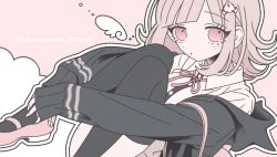  1girl blush breasts brown_hair brown_skirt collared_shirt danganronpa_(series) danganronpa_2:_goodbye_despair flipped_hair hair_ornament jacket komanami_kawaii long_sleeves looking_at_viewer medium_hair nanami_chiaki neck_ribbon open_clothes open_jacket pink_eyes pink_ribbon pleated_skirt ribbon shirt skirt solo thigh-highs two-tone_shirt white_shirt 