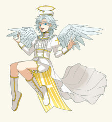  1boy angel angel_wings awii blue_eyes blue_hair blue_wings boots chinese_commentary colored_eyelashes commentary_request dress feathered_wings full_body halo juliet_sleeves long_hair long_sleeves looking_at_viewer male_focus original puffy_sleeves shorts simple_background solo white_dress white_shorts wings yellow_background 