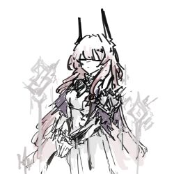  1girl arknights asymmetrical_horns black_horns casting_spell cleavage_cutout closed_eyes clothing_cutout collared_dress commentary cowboy_shot demon_horns dress grape_(grayp) hair_ornament horns long_hair palms_together pink_hair simple_background sketch solo theresa_(arknights) uneven_horns untranslatable_commentary very_long_hair white_background white_dress 