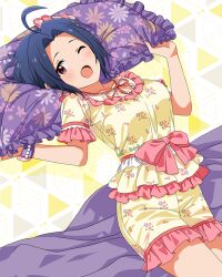  1girl :o ;o ahoge blue_hair bow card_commentary commentary_request floral_print floral_print_shirt frilled_shirt frilled_shorts frills game_asset hair_bow happiness_roomwear_(idolmaster) head_on_pillow idolmaster idolmaster_(classic) idolmaster_million_live! idolmaster_million_live!_theater_days looking_at_viewer lying miura_azusa official_alternate_costume official_art on_back one_eye_closed pajamas pillow pink_bow pink_trim print_shirt print_shorts shirt shirt_bow short_hair short_sleeves shorts solo third-party_source violet_eyes yellow_shirt yellow_shorts 
