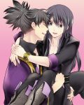  bad_id black_eyes black_hair bracelet carrying jewelry long_hair male mikou_(monpamanpe) multiple_boys pink_background ponytail princess_carry raven smile tales_of_(series) tales_of_vesperia yuri_lowell 