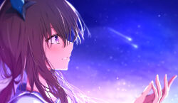 1girl admire_vega_(umamusume) animal_ears blush brown_hair ear_covers from_side hair_between_eyes highres horse_ears horse_girl long_hair night parted_lips purple_sailor_collar purple_shirt sailor_collar school_uniform shirt shooting_star single_ear_cover sky tooto_(ryuto333) tracen_school_uniform umamusume umamusume:_road_to_the_top upper_body violet_eyes 