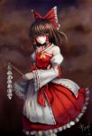  adapted_costume alternate_costume bad_id bare_shoulders bow brown_hair bryanth detached_sleeves gohei hair_bow hakurei_reimu highres long_skirt looking_at_viewer red_eyes short_hair solo standing touhou 