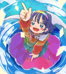  1girl :d ability_card_(touhou) blue_eyes blush cape capelet commentary_request dot_nose dress from_above hairband long_sleeves looking_up multicolored_dress multicolored_hairband open_mouth patchwork_clothes pointing pointing_down pointing_up purple_hair rainbow_gradient rainbow_hairband ripples rome35793562 short_hair smile solo split_mouth tenkyuu_chimata touhou two-sided_cape two-sided_fabric v-shaped_eyebrows wading water white_cape white_capelet zipper zipper_pull_tab 