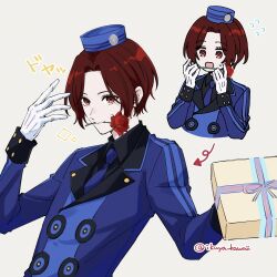  1boy black_shirt blue_coat blue_hat blue_necktie box closed_mouth coat commentary flower gift gift_box gloves hat highres holding holding_gift ikuya_kawaii kamishiro_nagisa looking_at_viewer necktie open_mouth persona persona_3 persona_3_portable persona_5 persona_5:_the_phantom_x red_eyes red_flower red_hair red_rose rose shirt short_hair simple_background solo sweat untranslatable_commentary upper_body velvet_room white_background white_gloves 