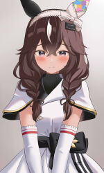  1girl absurdres animal_ears black_sweater blush braid braided_sidelocks breasts brown_hair closed_mouth curren_bouquetd'or_(racing)_(umamusume) curren_bouquetd'or_(umamusume) dress ear_covers elbow_gloves gloves gonbe_(199542) grey_eyes hair_between_eyes hairband highres horse_ears horse_girl long_hair looking_at_viewer low_twin_braids mismatched_ear_covers multicolored_hair short_sleeves sidelocks simple_background smile solo streaked_hair sweater twin_braids umamusume very_long_braid white_dress white_streaks 