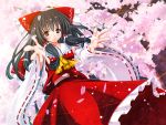  bow brown_eyes cherry_blossoms detached_sleeves hair_bow hakurei_reimu japanese_clothes long_hair outstretched_arms smile sukuna_(artist) touhou 
