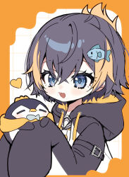  1girl =_= arm_belt black_hair black_jacket black_sailor_collar blonde_streaks blue_eyes border commentary crossed_bangs familiar fish_hair_ornament folded_ponytail grid_background hair_between_eyes hair_ornament heart highres holding hood hood_down hooded_jacket irregular_border jacket long_sleeves multicolored_hair nijisanji nijisanji_en open_mouth orange_border outside_border pentomo_(petra_gurin) petra_gurin petra_gurin_(1st_costume) puffy_sleeves sailor_collar school_uniform serafuku shinoda_mame short_hair simple_background sleeves_past_fingers sleeves_past_wrists smile solo_focus streaked_hair two-tone_hair upper_body virtual_youtuber white_background 