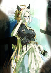  1girl ahoge animal_ears bag black_shirt blue_eyes blue_pants breasts closed_mouth clothes_around_waist commentary_request ear_covers handbag highres horse_ears horse_girl jacket long_hair looking_at_viewer medium_breasts multicolored_hair official_alternate_costume on_railing orange_hair orfevre_(umamusume) pants railing semi-rimless_eyewear shirt short_sleeves sunglasses two-tone_hair umamusume under-rim_eyewear white_hair white_jacket yue_(lov_n_n) 