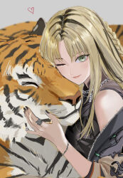  1girl absurdres animal black_jacket black_nails black_streaks black_tank_top blonde_hair blurry blurry_background bracelet braid breasts brown_sleeves chain chain_around_neck chain_necklace commentary_request depth_of_field dhbwinner from_side green_eyes grey_background halterneck hand_up heart highres hololive hololive_dev_is hug jacket jewelry koganei_niko koganei_niko_(1st_costume) large_breasts letterman_jacket light_smile lips long_hair long_sidelocks looking_at_viewer loose_hair_strand middle_part multicolored_hair multicolored_jacket multiple_rings nail_polish necklace off_shoulder one_eye_closed parted_hair ring see-through_clothes see-through_shirt shirt side_braid sidelocks simple_background sleeveless sleeveless_shirt sleeves_rolled_up solo streaked_hair sukajan tank_top tiger two-tone_hair upper_body virtual_youtuber zipper 