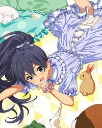  1girl animal antenna_hair bird black_hair blue_eyes card_commentary cat commentary_request dress fairy_tale_girly_(idolmaster) fang frilled_dress frilled_sleeves frills game_asset ganaha_hibiki idolmaster idolmaster_(classic) idolmaster_million_live! idolmaster_million_live!_theater_days long_hair lying official_alternate_costume official_art on_stomach open_mouth pajamas parakeet ponytail purple_dress rabbit short_sleeves smile solo third-party_source 