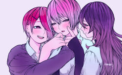  3girls absurdres cheek_poking closed_mouth collared_shirt commentary_request girl_sandwich highres long_hair mole mole_under_eye mole_under_mouth multiple_girls open_mouth original pink_eyes pink_hair poking purple_hair purple_sweater sandwiched shirt short_hair shortmon smile sweater upper_body valentine_(02140314c) violet_eyes white_shirt yuri 
