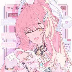  1girl absurdres aemeath_(wuthering_waves) ahoge bare_shoulders four-finger_heart_hands gloves hair_ornament heart heart_hands highres long_hair mole mole_on_shoulder one_eye_closed open_mouth orange_eyes pink_hair ruogong_qingyue solo star-shaped_pupils star_(symbol) symbol-shaped_pupils teeth upper_body upper_teeth_only white_gloves wing_hair_ornament wuthering_waves 