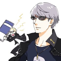  2boys black_jacket blonde_hair chair gakuran glasses godzillapigeon1 grey_eyes grey_hair highres jacket multiple_boys narukami_yu open_clothes open_jacket persona persona_4 round_eyewear school_uniform shirt skull_print t-shirt tatsumi_kanji yasogami_school_uniform 