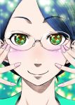  blue_hair blush close-up face glasses green_eyes highres hitotose_rin original short_hair smile solo star 
