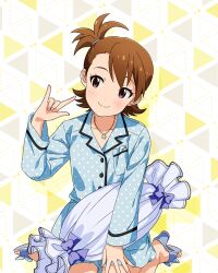 1girl \m/ blue_shirt breast_pocket brown_eyes brown_hair card_commentary closed_mouth commentary_request facing_viewer futami_ami game_asset hand_up idolmaster idolmaster_(classic) idolmaster_million_live! idolmaster_million_live!_theater_days long_sleeves looking_at_hand official_alternate_costume official_art pajamas pocket polka_dot polka_dot_shirt purely_silk_(idolmaster) shirt short_hair side_ponytail sideways_glance sitting smile solo third-party_source 
