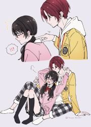  !? 1boy 1girl black-framed_eyewear black_hair black_socks blush bow cardigan commentary_request embarrassed full_body glasses grey_background highres hood hoodie ikuya_kawaii jacket kamishiro_nagisa leaning_on_person long_hair long_sleeves low_twintails noge_tomoko open_mouth pants persona persona_5 persona_5:_the_phantom_x pink_cardigan plaid_clothes plaid_pants plaid_skirt red_bow red_eyes red_hair school_uniform short_hair simple_background sitting skirt socks spoken_interrobang twintails twitter_username violet_eyes white_hoodie white_socks yellow_jacket 