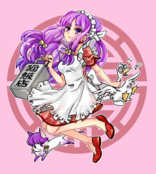  apron bell bird cat charlieinoni chinese_clothes coke-bottle_glasses commentary_request dress dual_persona duck glasses hair_bell hair_ornament highres long_hair maid_apron maid_headdress mousse_(duck)_(ranma_1/2) okamochi_(container) purple_hair ranma_1/2 red_dress red_shoes shampoo_(cat) shampoo_(ranma_1/2) shoes sidelocks smile two-tone_fur violet_eyes white_apron 