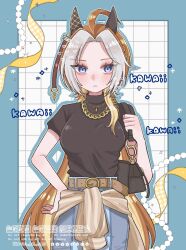  ahoge animal_ears bag belt blue_eyes blue_pants blush breasts brown_belt closed_mouth clothes_around_waist commentary_request ear_covers gold_necklace handbag highres horse_ears horse_girl horse_tail jacket jewelry long_hair looking_at_viewer medium_breasts miya_(m_ya_mya) multicolored_hair necklace official_alternate_costume orange_hair orfevre_(umamusume) pants shirt short_sleeves tail umamusume white_hair white_jacket white_shirt 