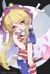  1girl absurdres american_flag american_flag_dress american_flag_print blonde_hair clownpiece commentary dress fairy fairy_wings fang flag_print gumingdi_ban hat highres holding holding_torch jester_cap long_hair looking_at_viewer neck_ruff open_mouth pantyhose pink_eyes pointy_ears polka_dot_headwear purple_hat short_sleeves solo star-shaped_pupils star_(symbol) star_print striped_clothes striped_dress striped_pantyhose symbol-shaped_pupils torch touhou very_long_hair wings 
