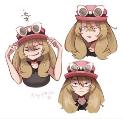  >:( :i anger_vein angry black_shirt blank_stare brown_hair closed_eyes collared_shirt commentary english_commentary frown furrowed_brow hat highres looking_at_viewer pink_hat pokemon pokemon_x_and_y porkpie_hat serena_(pokemon) shirt slayerofthewind sunglasses v-shaped_eyebrows 