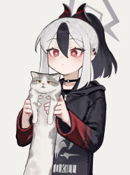  absurdres animal animal_ears animal_hands black_choker black_hair black_sleeves blue_archive bright_pupils cat cat_ears choker closed_mouth commentary demon_horns dot_nose earrings fangs grey_halo hair_between_eyes halo highres holding holding_animal hood hoodie horns jewelry kayoko_(blue_archive) looking_at_another mole multicolored_hair open_mouth ponytail print_hoodie red_eyes two-tone_hair white_cat white_hair white_pupils yellow_eyes yoon_cook zipper 