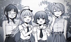  4girls :3 :d ^_^ absurdres ahoge akizuki_ritsuko antenna_hair braid closed_eyes collared_shirt facing_viewer glasses greyscale hairband hand_up hands_on_another's_shoulders highres idolmaster idolmaster_(classic) idolmaster_million_live! idolmaster_million_live!_theater_days long_hair looking_at_viewer monochrome multiple_girls neckerchief nonohara_akane official_alternate_costume sakuramori_kaori semi-rimless_eyewear shimabara_elena shirt short_hair short_sleeves side-by-side skirt sleeveless sleeveless_shirt smile standing sushitarou twin_braids under-rim_eyewear upper_body w 