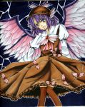  conductance dress earrings hat jewelry marker_(medium) mystia_lorelei open_mouth purple_eyes purple_hair short_hair thigh-highs thighhighs touhou traditional_media violet_eyes wings 