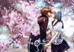  1boy 1girl cherry_blossoms couple hetero highres hokoodo holding_hands kiss original school_uniform serafuku tree 