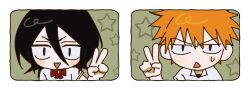  <|>_<|> 1boy 1girl bad_id bad_twitter_id black_hair bleach blush_stickers bow bowtie chibi chibi_only collared_shirt double-parted_bangs green_background hair_between_eyes hand_up highres karakura_high_school_uniform kuchiki_rukia kurosaki_ichigo looking_at_viewer medium_hair open_mouth red_bow red_bowtie school_uniform shirt short_hair short_sleeves simple_background smile spiky_hair star_(symbol) star_symbol_background sweatdrop triangle_mouth upper_body v v-shaped_eyebrows white_shirt yongsa_(y0ngs4) 