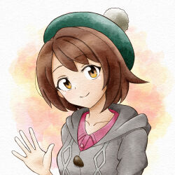  1girl brown_eyes brown_hair buttons cardigan closed_mouth collarbone collared_dress commentary_request dress gloria_(pokemon) green_hat grey_cardigan hand_up hat head_tilt hood hood_down hooded_cardigan medium_hair niwaka_(nininiwawaka) pink_dress pokemon pokemon_sword_and_shield smile solo tam_o'_shanter upper_body 