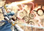  blonde_hair caliburn cloud clouds darkredgear dual_wielding electricity excalibur fate/stay_night fate_(series) gears glowing glowing_weapon green_eyes saber shouting sky solo sword unlimited_blade_works weapon 